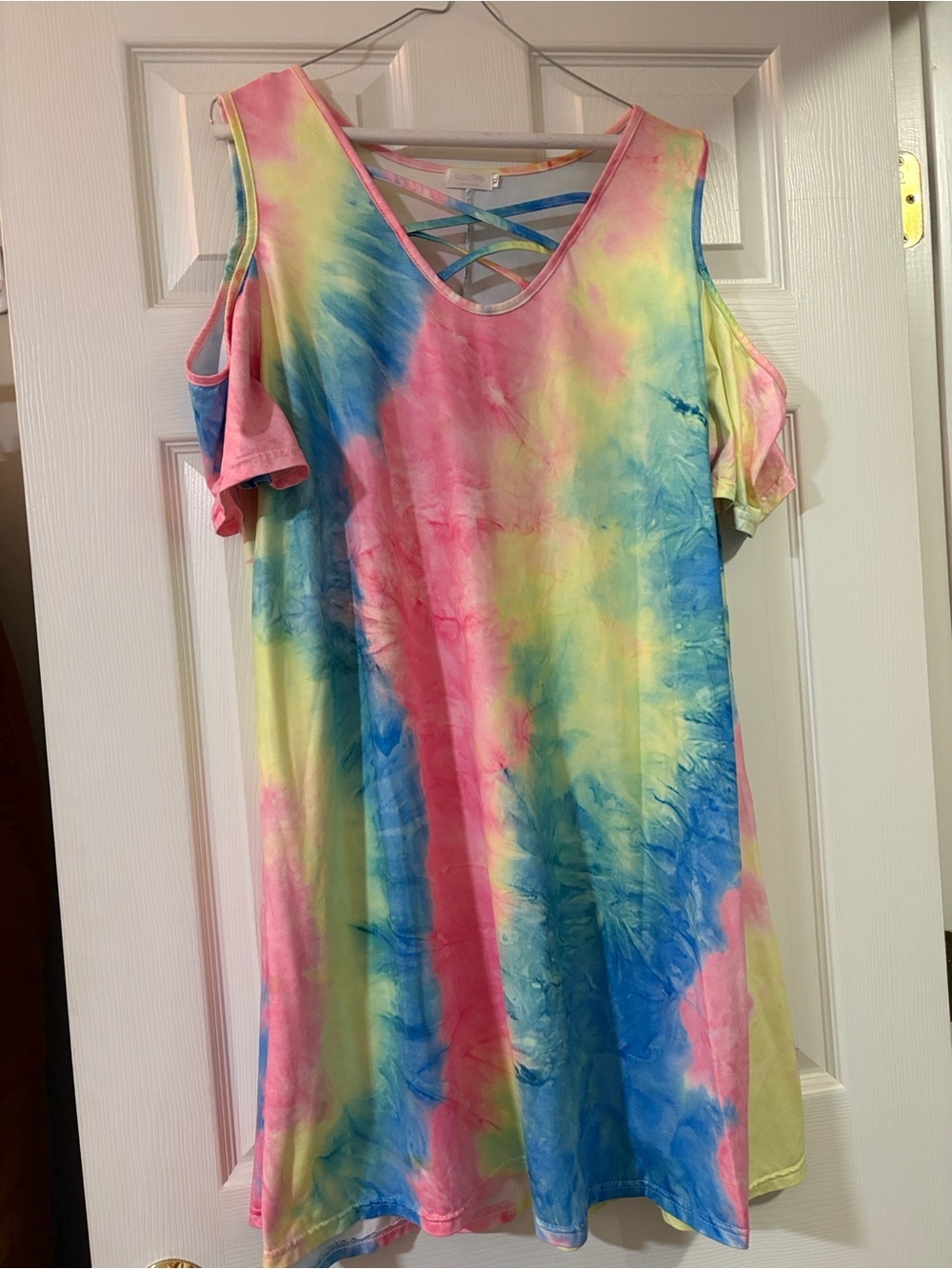 Bright Tie-Dye Cold-Shoulder Women's Dress- Pink, Blue & Yellow XL